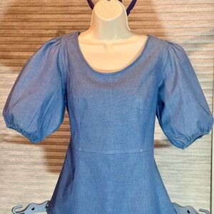 Ann Taylor Factory Blue Puff Sleeve Peplum Top
